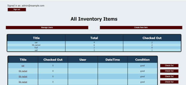 inventory system portal showing admin view