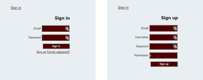 Inventory system portal showing sign in and sign up views